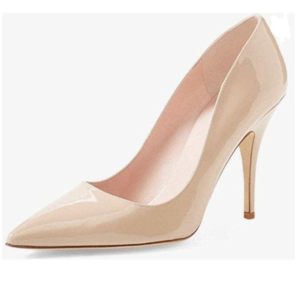 YDN Nude Chic Pointed Closed Toe Mid Heel Pumps Slip on Slide Dress Shoe